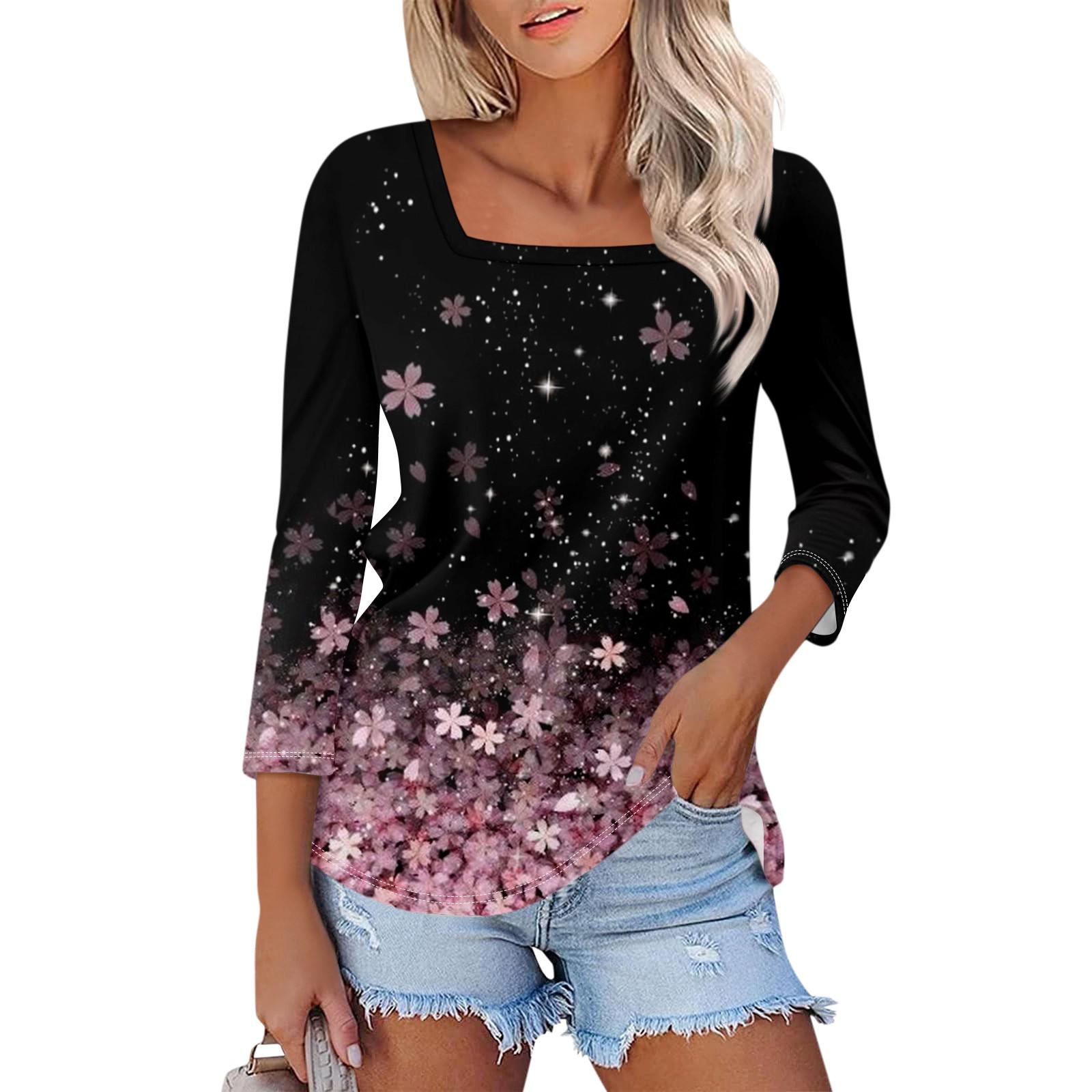 

Женская блузка с рукавом 3/4, квадратным вырезом и цветочным принтом, повседневная свободная туника S чёрный