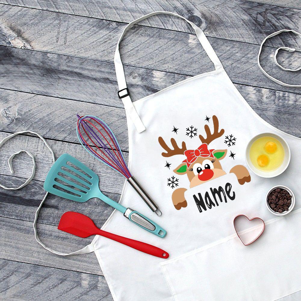 

Personalised Christmas Deer Apron Holiday Baking Apron for Children Personalized Gift for Kids Childrens Custom Xmas Apron