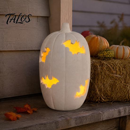Illuminazione Notturna Atmosferica Zucca di Halloween Statuetta in Resina, Lanterna a Forma di Pipistrello Traforata con Artigianato Artistico Luce Calda, Spettrale Interno Esterno Casa Tavolo