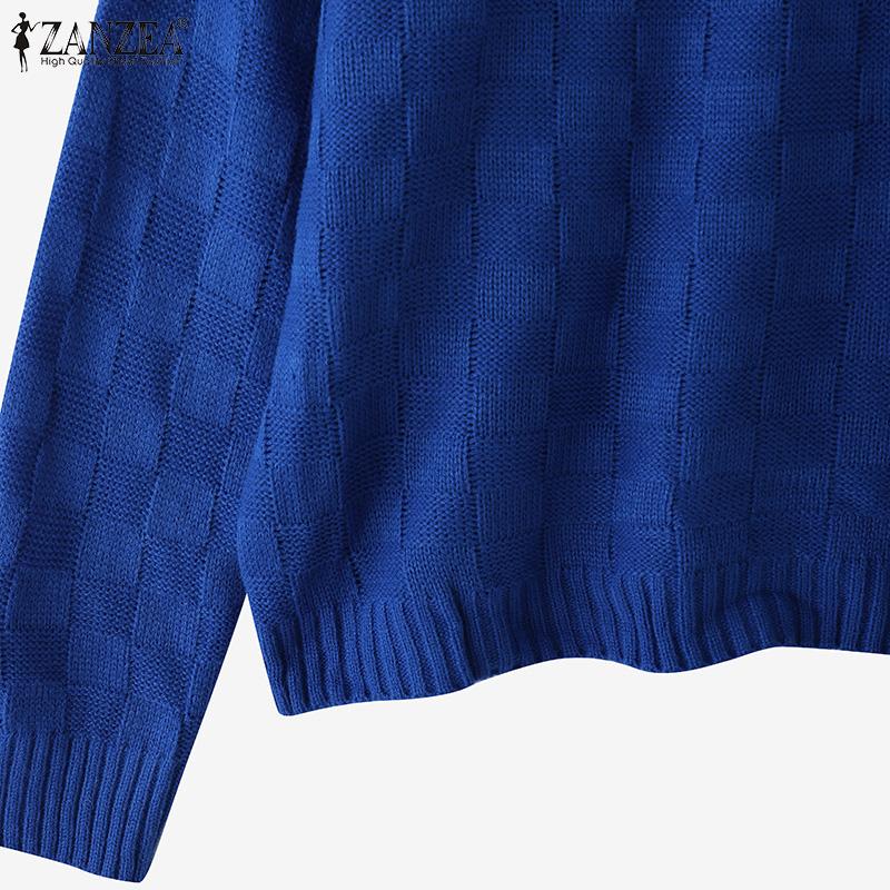 ZANZEA Womens Crew Neck Plaid Texture Casual Knitted Pullovers Sweaters Jumpers