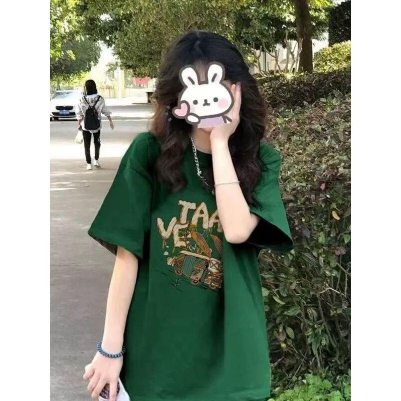 Purple Dopamine Cartoon Print Short-Sleeved T-Shirt 150kg Plus Size Women's Clothing 2026 Summer 100kg Pure Cotton Top