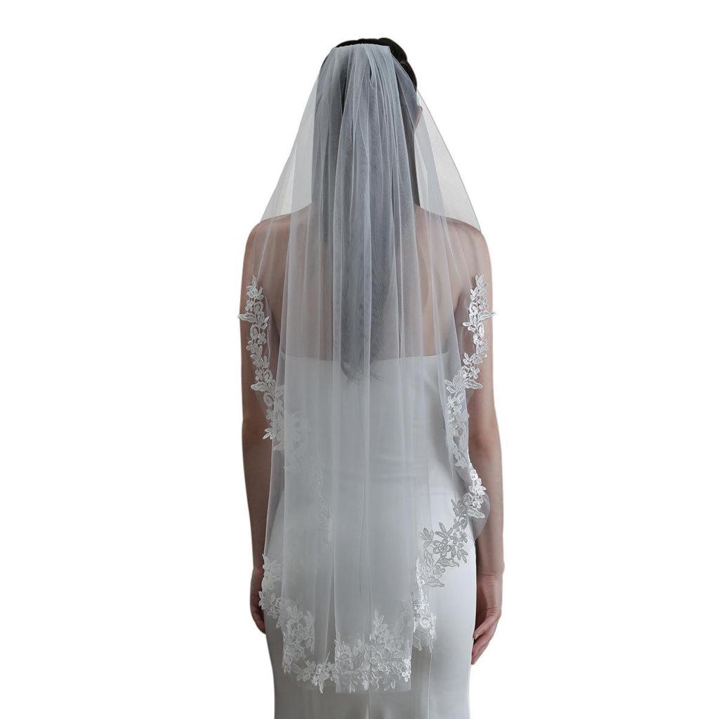 Xinmeiji Women's White Lace Edge Bridal Veil, European & American Style, Single Layer, Wedding & Travel Headpiece V683-1