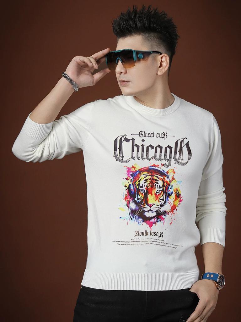 Ozhouzhan Knit Sweater Men's Autumn and Winter Warm Inner Wear Round Neck Bottoming Shirt Trendy Tiger Head Print Sweater