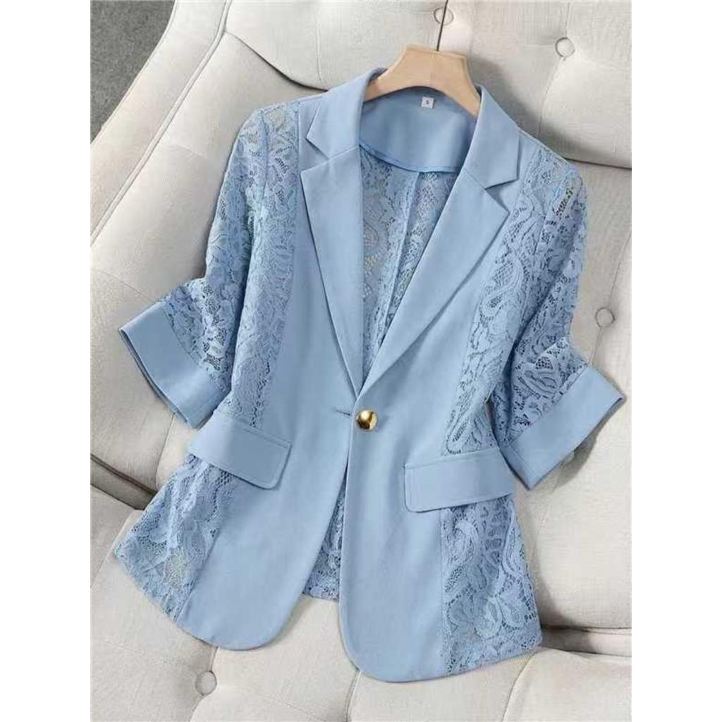 Spring New Women's Elegant Solid Color Fashion Lace Splicing Blazer Coat Casual Outerwear