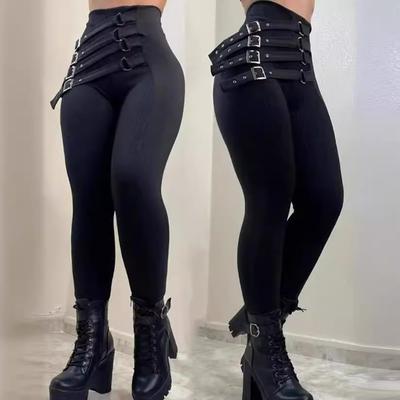 New Women's High Waist Skinny Pants with Buckle Straps, Black Slim Fit Trousers with Multiple Belt Decorations for Casual Sexy Daily Wear