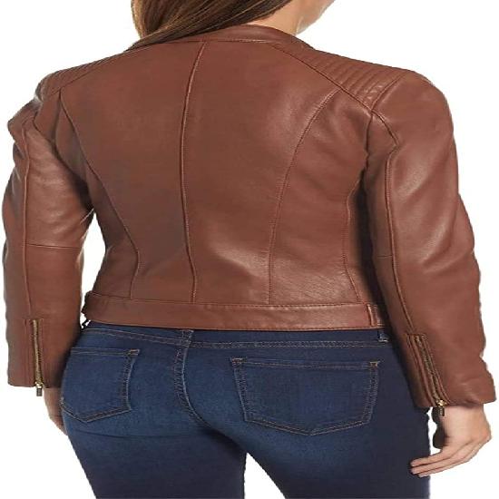 NOORA Womens Dark Brown Leather Jacket With Zipper & Pocket | Shoulder Strap | Snap Collared |