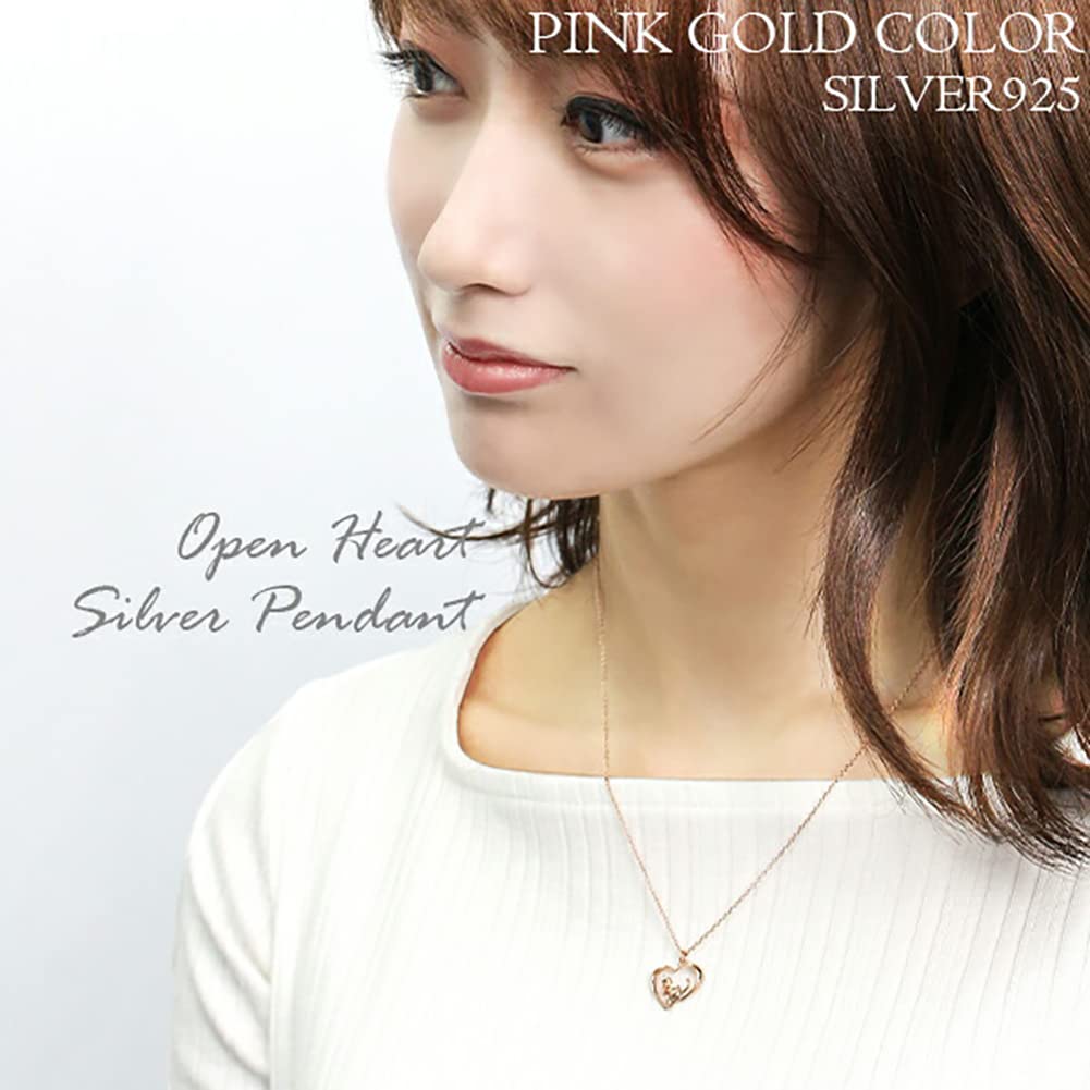 Shinjuku Gin no Kura Open Heart Cat Diamond Necklace in Silver 925 and Pink Gold for Box April Birthstone Women, Set,