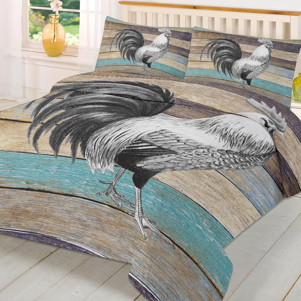 Animal de Granja Gallo Grano de Madera Funda Nórdica con Funda de Almohada Juego de Cama Personalizado de 3 Piezas Cubre Edredón Cama Doble Textil para el Hogar