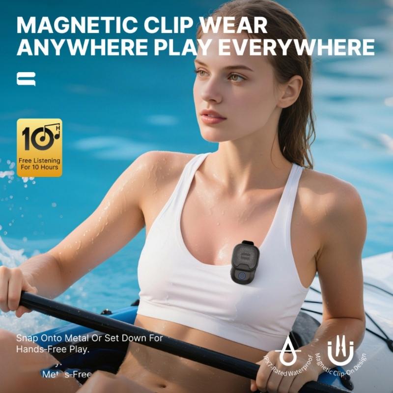 Portable Clip On Speaker with 20M IPX7 Waterproof Builts In Mics Long Playtimes for Hiking Swimming Fitness