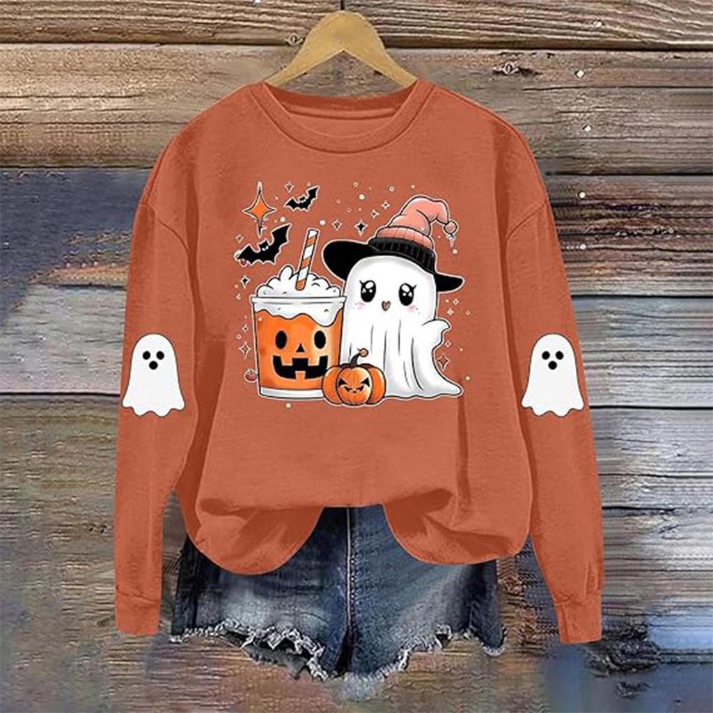 Dame Moteable Casual Langermet Halloween Trykket Rundhals Topp