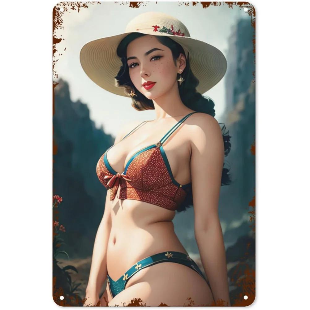Metal Tin Signs Plaque Pinup Bikini Girl Wall Decoration Vintage Art Poster Iron Painting for Man Cave Home Cafe Garden Club