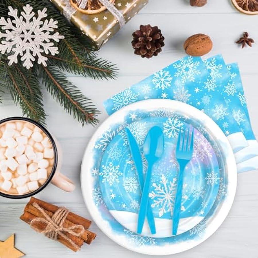 

Набор посуды «Зимняя сказка» со снежинками, 175 шт. На 25 персон. Одноразовые тарелки, чашки, салфетки, вилки, ложки, ножи. United States
