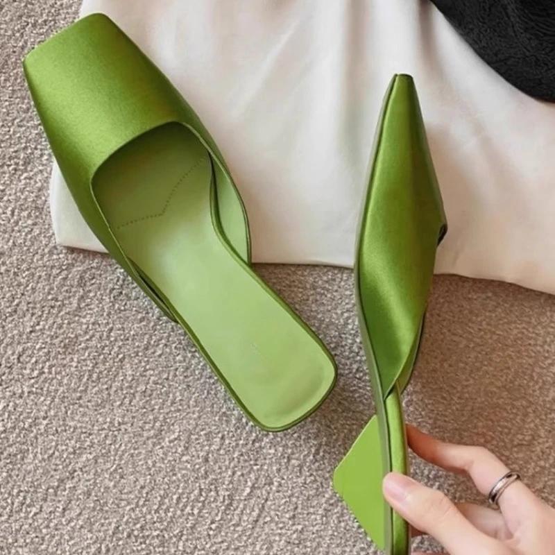 Satin Sandals Women Summer Sexy Square Head Strange Low Heel Slide Sandals Chunky Heel Elegant Design Mule Slippers Women