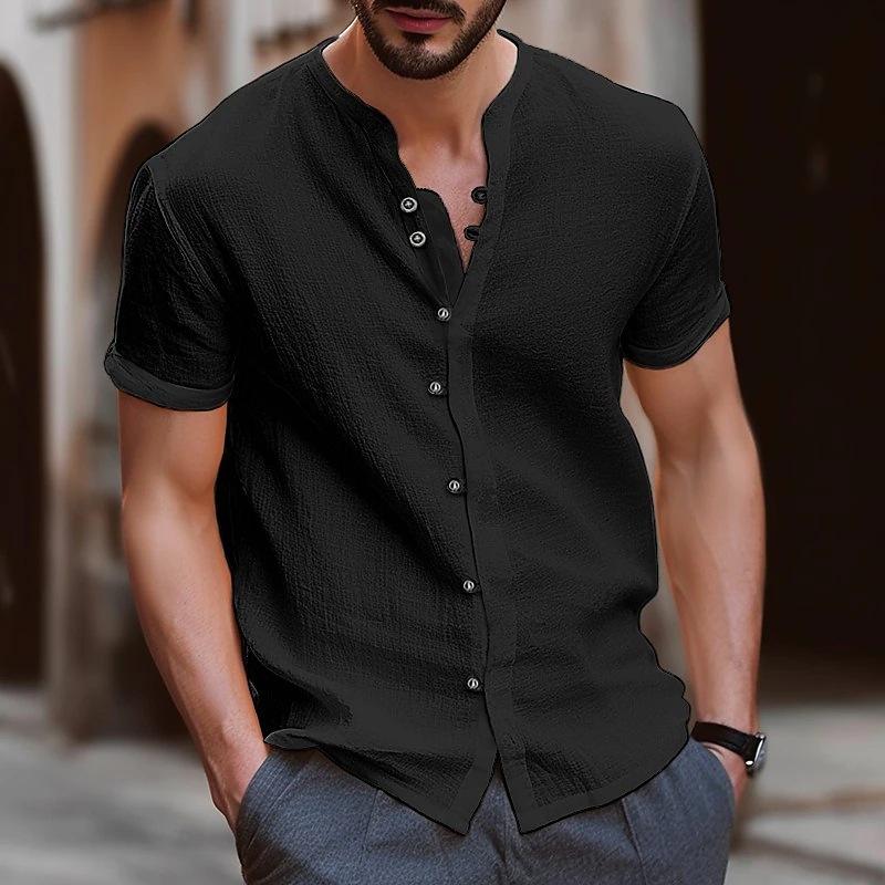 Men's White Linen Blend Henley Neck Shirt Casual Short Sleeve Button Down Top