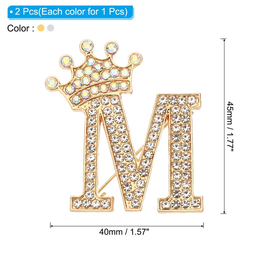 2pcs Letter Brooch Pins Crown Initial Rhinestone Alphabet A-W Letter Lapel Badges Pin for Women Suits Dress Coat Clothes Craft