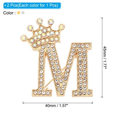2pcs Letter Brooch Pins Crown Initial Rhinestone Alphabet A-W Letter Lapel Badges Pin for Women Suits Dress Coat Clothes Craft