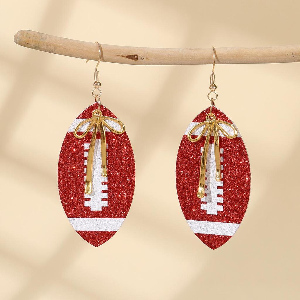 European-American Super Bowl Sporty PU Leather Football Earrings with Alloy Bowknot