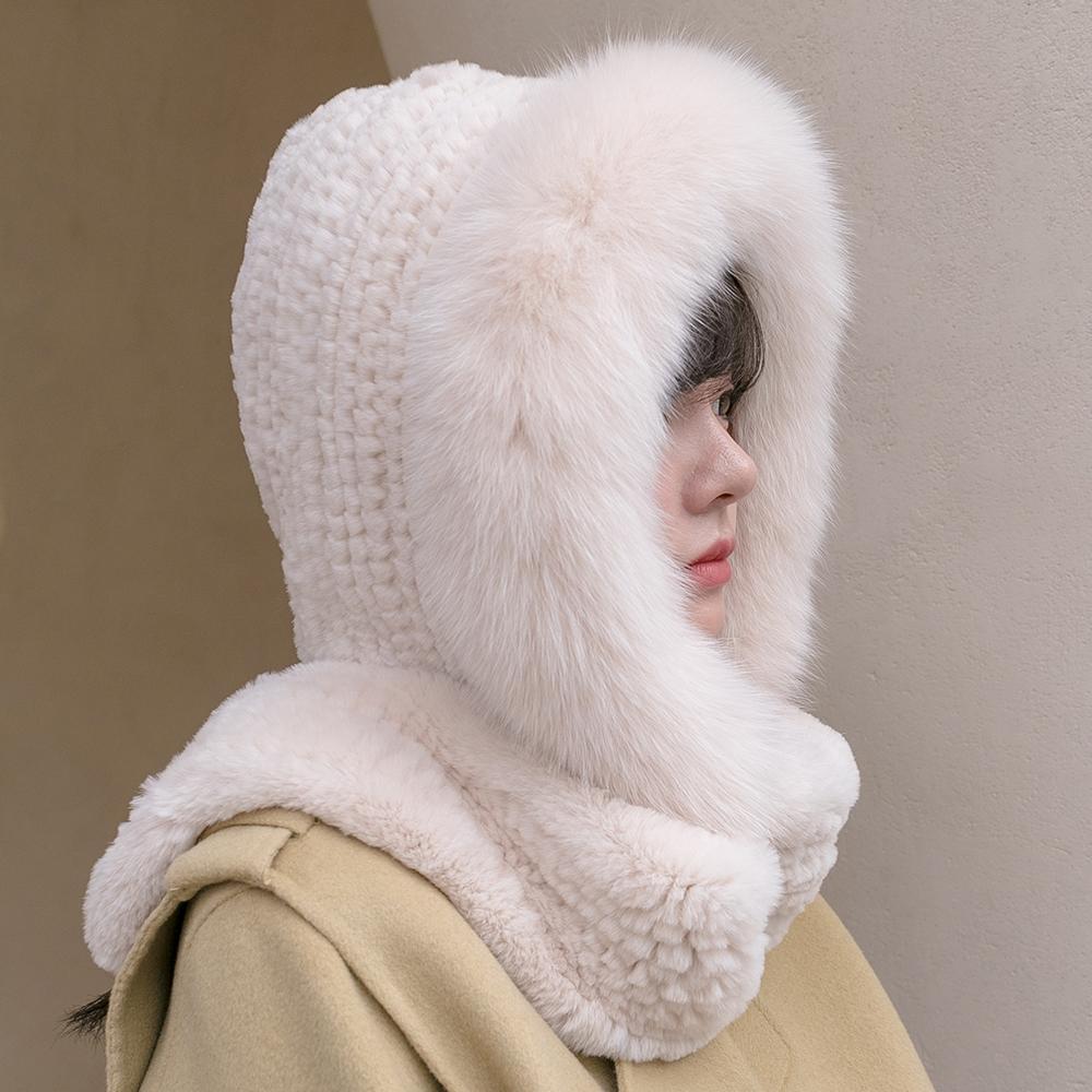 Thick real fox fur scarf cap Luxury women's cap hand knitted real rex rabbit fur hat scarf Girls winter warmth outdoor ski cap
