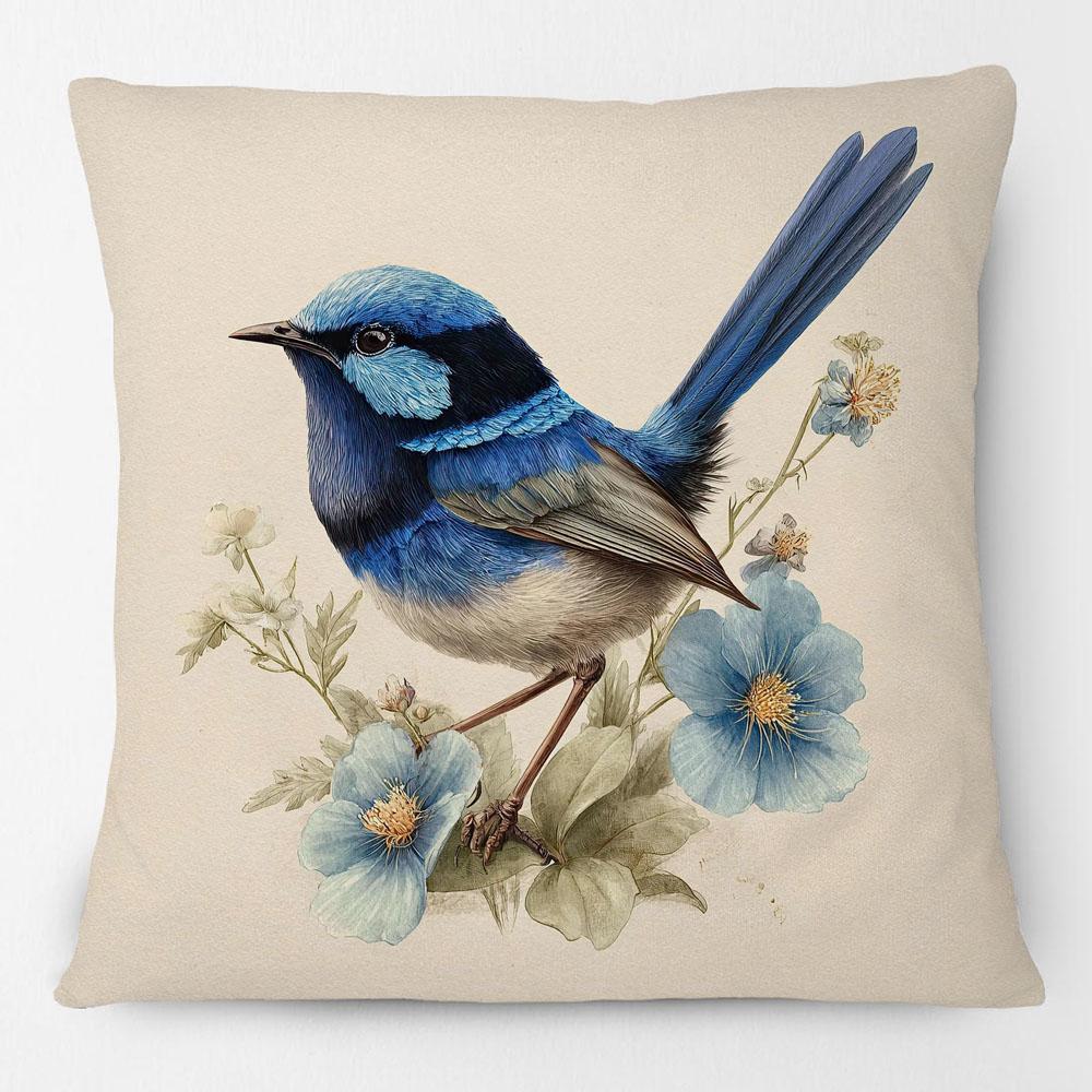 Australian Blue Wren With Flower Cushion Covers Bird Decor Sofa Decorative Pillowcase