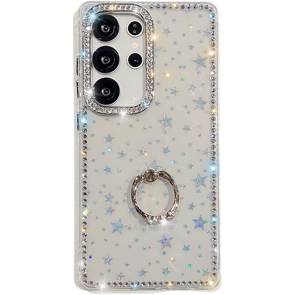 For Samsung Galaxy S24 Ultra Case with Ring Kickstand Rhinestone Edge TPU+PC IMD Phone Cover