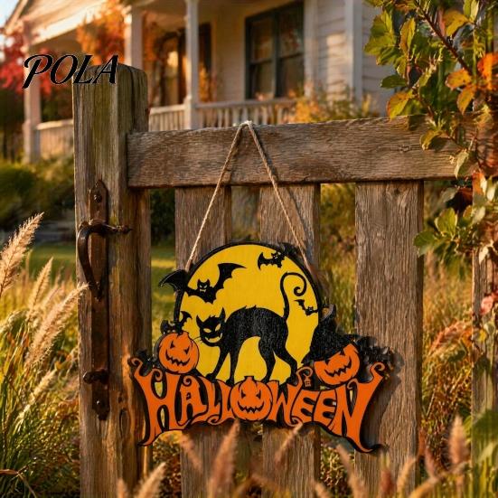 Retro Moon Wall Ornament Halloween Wood Door Hanger Sign, Pumpkin And Black Cat Printed, with Hemp Festive Party Decoration Rope Lanyard, Decorative