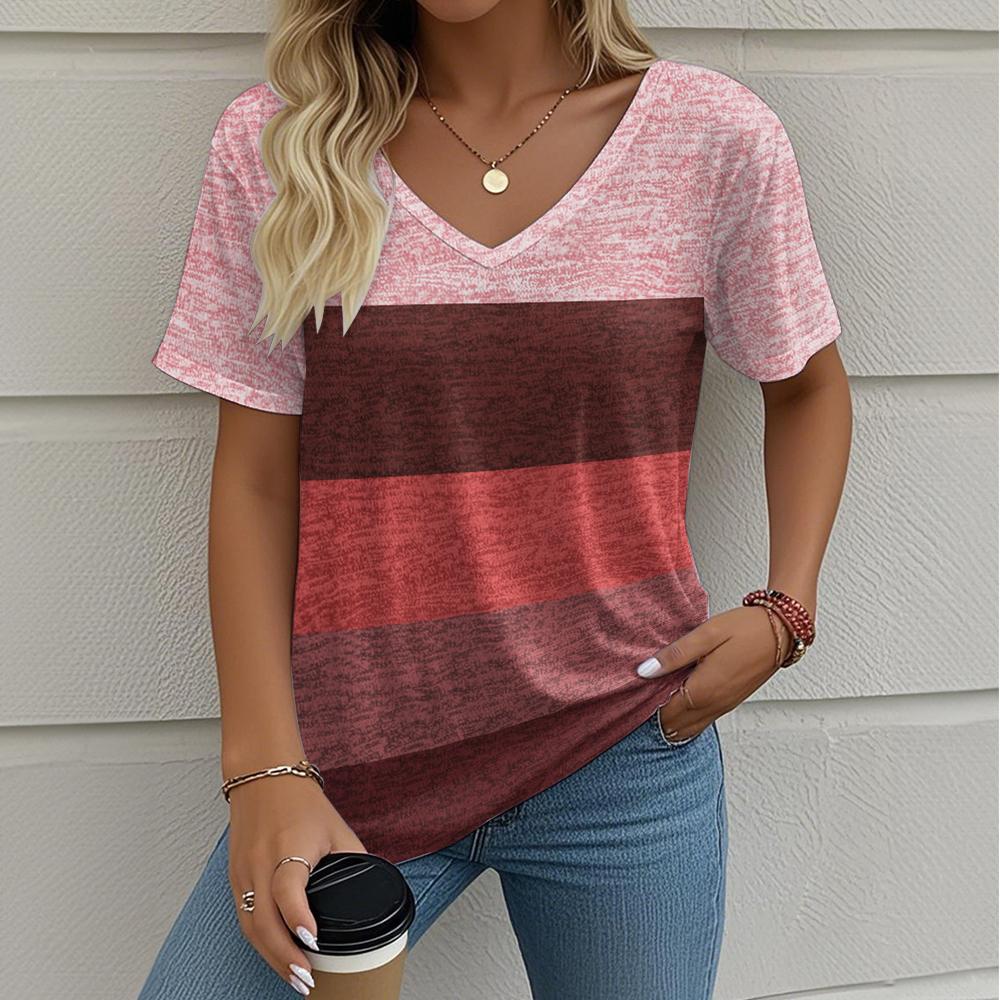 Summer Women's T-Shirt Striped Printing Outdoor Retro Fashion Casual Oversized V-Neck Y2k Short-Sleeved Women's Clothing