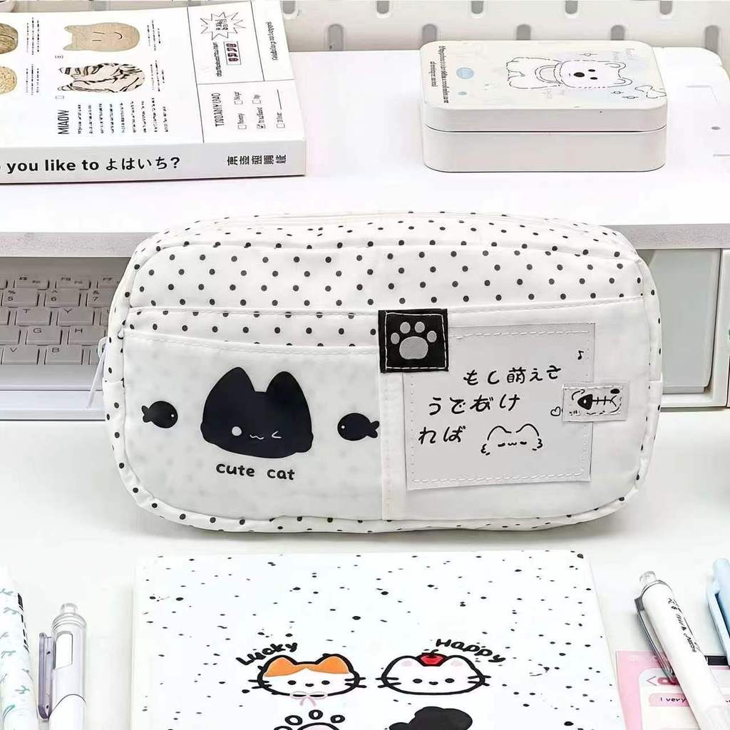 Canvas Rosa Gepunktet Katze Schüler Mehrschichtig Federmäppchen Mit Großer Kapazität Für Schulgebrauch