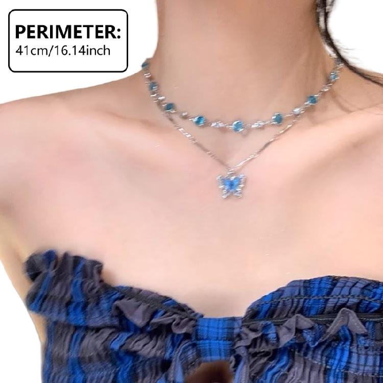 Blue Crystal Zircon Butterfly Necklace Set Double Layer Clavicle Chain Fashionable Women's Accessories for Party