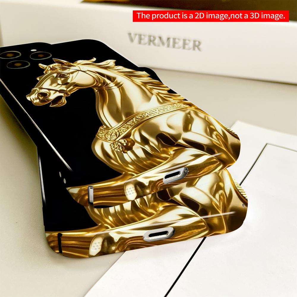 2DFlat Golden Horse Statue Phone Case All Inclusive Film Hard Phone Case, Compatible with iPhone 18 Pro Max 17 16 15 14 13 12 11