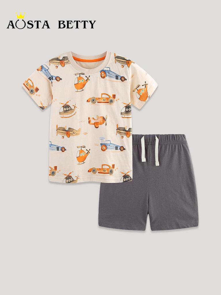 Boys' Summer Short Sleeve Set: Euro-American Style Printed Tee & Knit Cotton Shorts