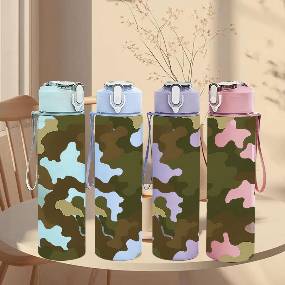 1PC White Green Camouflage Texture 750ml Color Plastic Sports Water Bottle Leakproof Flip Straw Lid For Sports Office Home Use