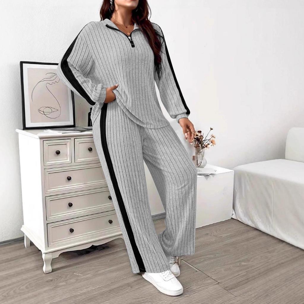 TUME Plus Size Ribbed Hoodie & Wide Leg Pants - Women's Autumn/Winter Casual Fashion Two-Piece Set