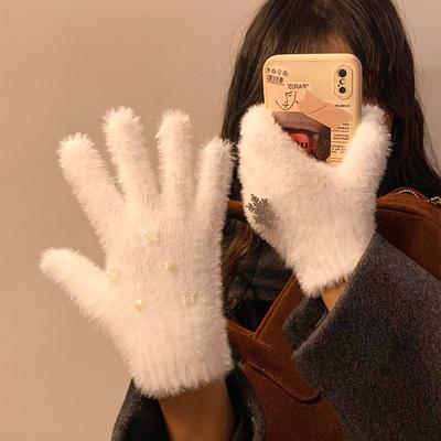 White Snowflake Knitted Woolen Gloves for Women In Winter, Warm and Thickened, Furry, Student Cycling, Cold and Windproof, Split Fingers