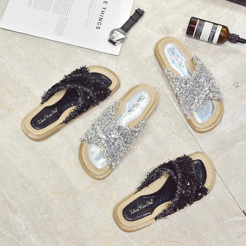 gold sequin flat sandals