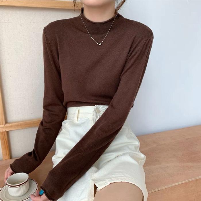 Autumn and Winter Latest Korean Version of Half High Neck Solid Color Base Shirt Fashion Ins Slim-fit All Knitted Top Female Tide