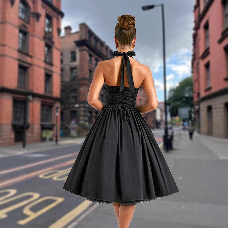Wind sexy women's clothing new sleeveless off-the-shoulder lace-up suspender slim pleated skirt women