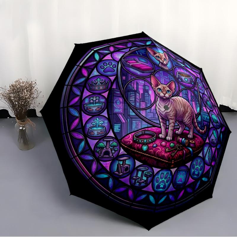 Glass Cat Fantasy pattern umbrella, portable and foldable design, 8 ribs, a casual accessory for Halloween, Christmas, and birthday gifts.