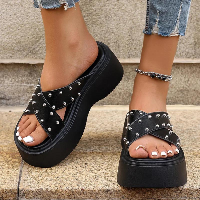 Fashion Chunky Platform Rivet Punk Shoes Woman Summer 2025 Black Pu Leather Wedges Sandals Women Non Slip Thick Sole Sandalias Mujer