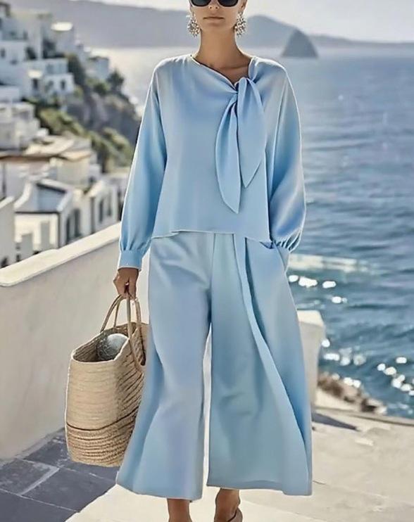 

2025 Autumn Women s Fashion Casual Solid Long Sleeve Top & Pants Set M світло-синій колір