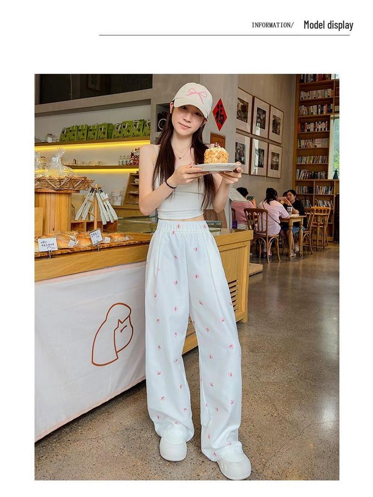 White Floral Yamamoto Women's Slim Straight Wide-Leg Bow Pants - 2025 Summer Collection.