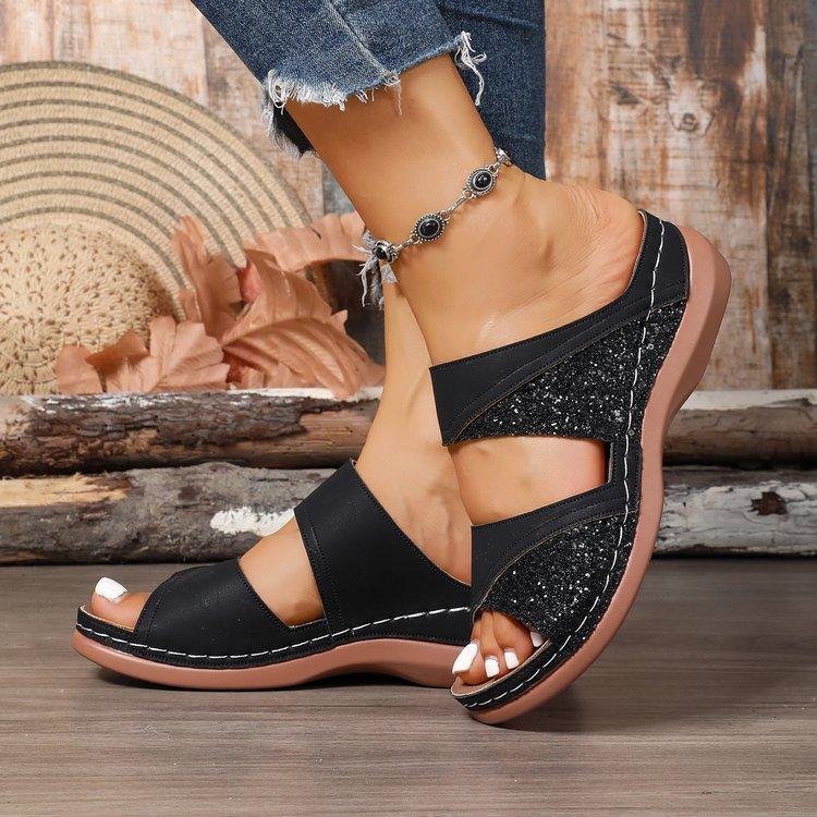 Women's Glitter Two Strap Wedge Sandals Open Toe Soft Sole Comfortable Walking Shoes for Summer Beach Vacation Casual Daily Wear