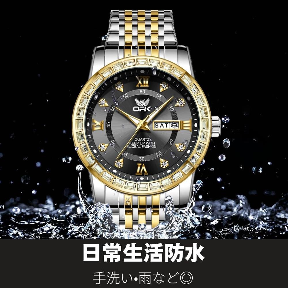 Generic Men's Quartz Watch 42mm Stainless Steel Round Face Calendar Day Date Diamond Index Water Resistant Black