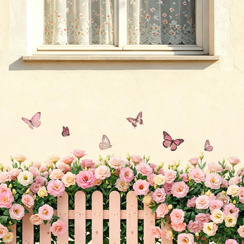 Eustoma Floral Butterfly Fence Wall Sticker Self Adhesive Removable Waterproof Kindergarten Classroom Hallway Corridor Border Decor