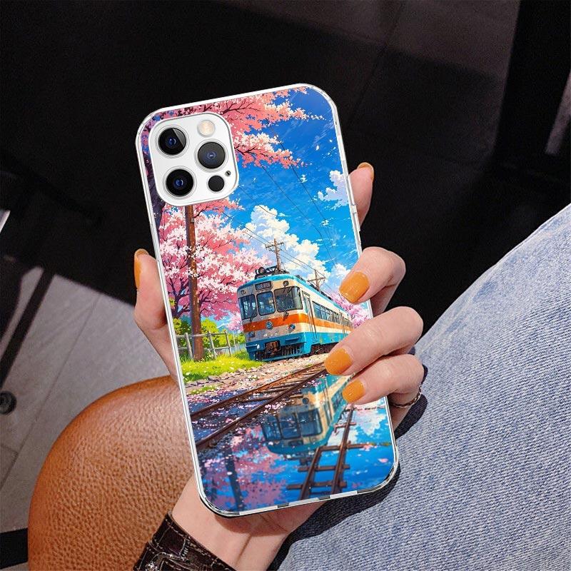 Retro Japanese Sakura Train Phone Case For iPhone 17 Air 16 Pro Max 16E 15 + 14 Plus 11 12 13 Mini 7 8 SE Gift Print Cover Funda