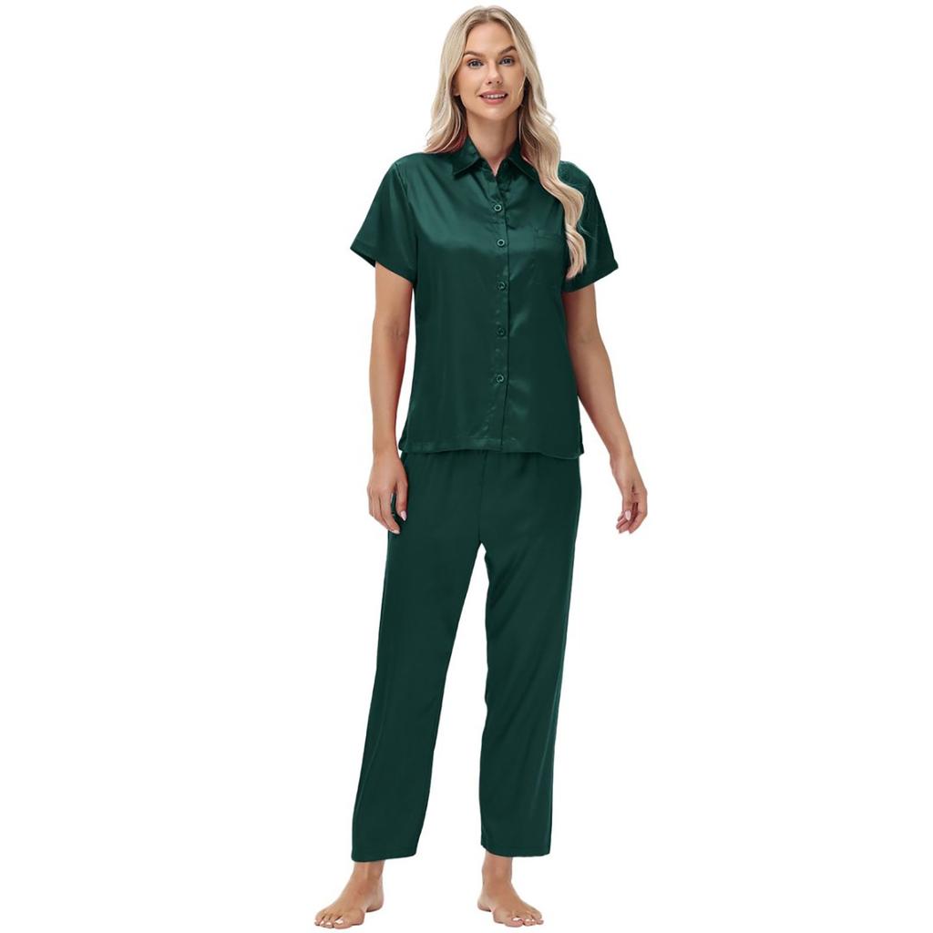 Shirt Ice Silk Pajamas Satin Suit Short Sleeve Long Pants Ladies Home Clothes