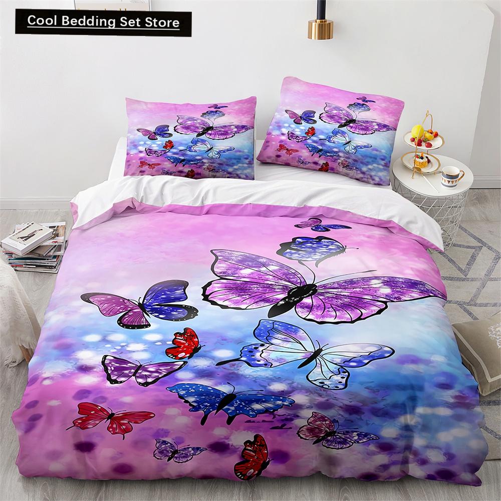 Butterfly Duvet Cover King Queen Colorful Flying Animal Bedding Set for Teens Adults Beautiful Flowers Polyester Quilt Cover