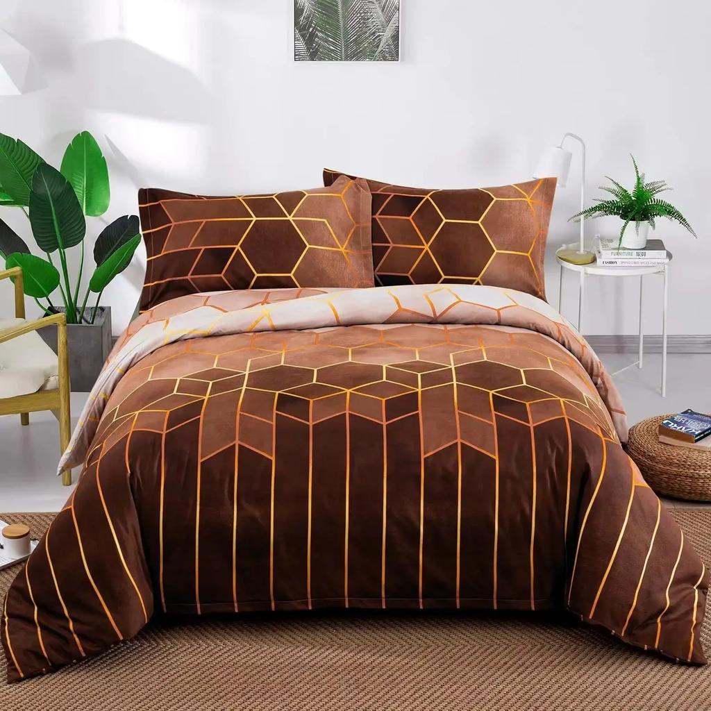 Comforter Wine Red Geometric Marble Pattern And 2 3-Piece Soft Fluffy Set With Zipluxury Bedding Set