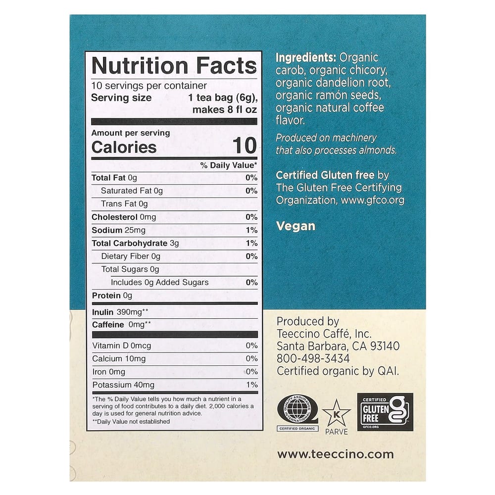 Teeccino Roasted Herbal Tea Dandelion Dark Roast Caffeine-Free 10 Tea Bags 60g (2.12 oz)