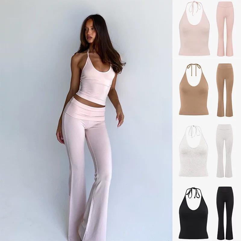 European & American Light Pink Yoga Flare Pants and Halter Sports Top