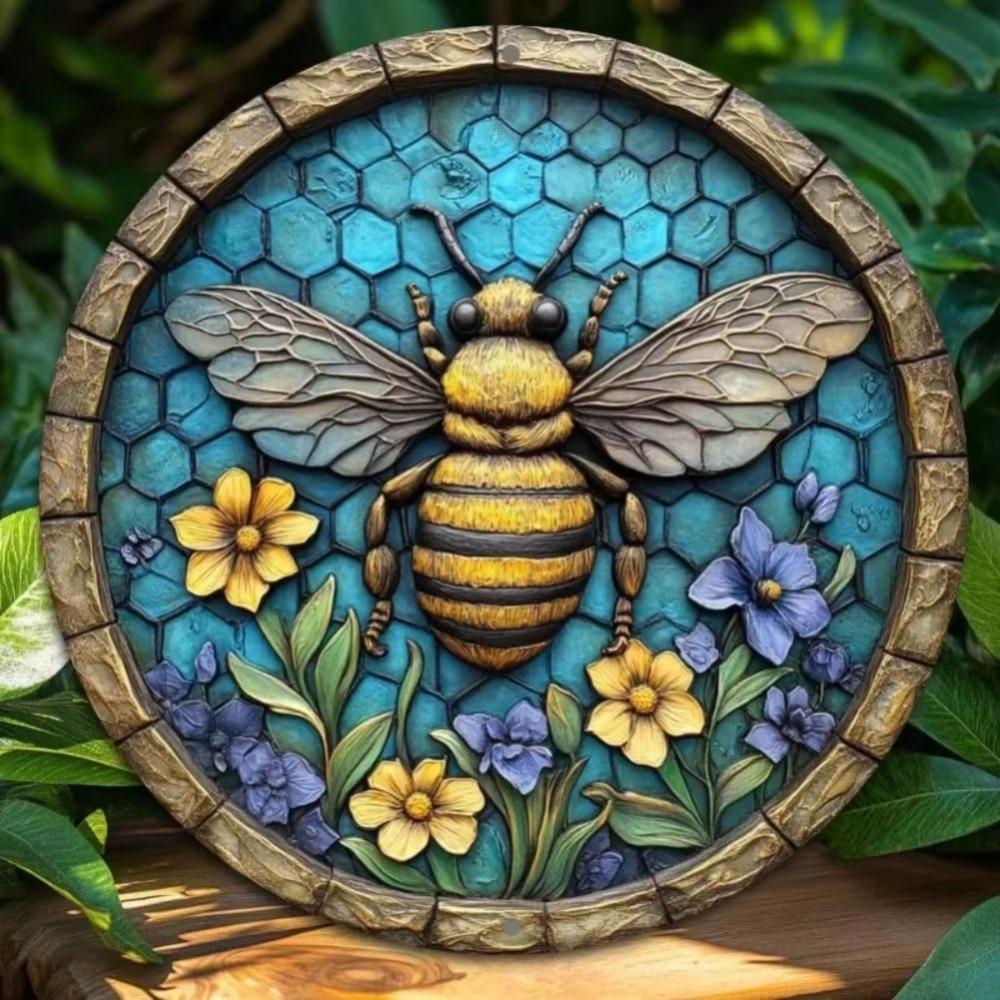 Metal Bee Floral Wall Art Round 2D Printed Sign Home Office Halloween Decor